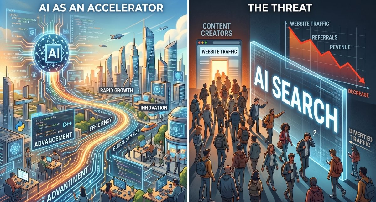 Illustration of AI as an accelerator for growth beside AI search diverting website traffic Illustration of AI as an accelerator for growth beside AI search diverting website traffic