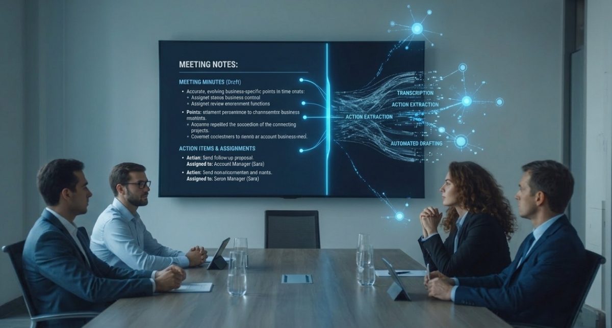 A meeting room screen showing AI-generated minutes and action items during a client meeting A meeting room screen showing AI-generated minutes and action items during a client meeting