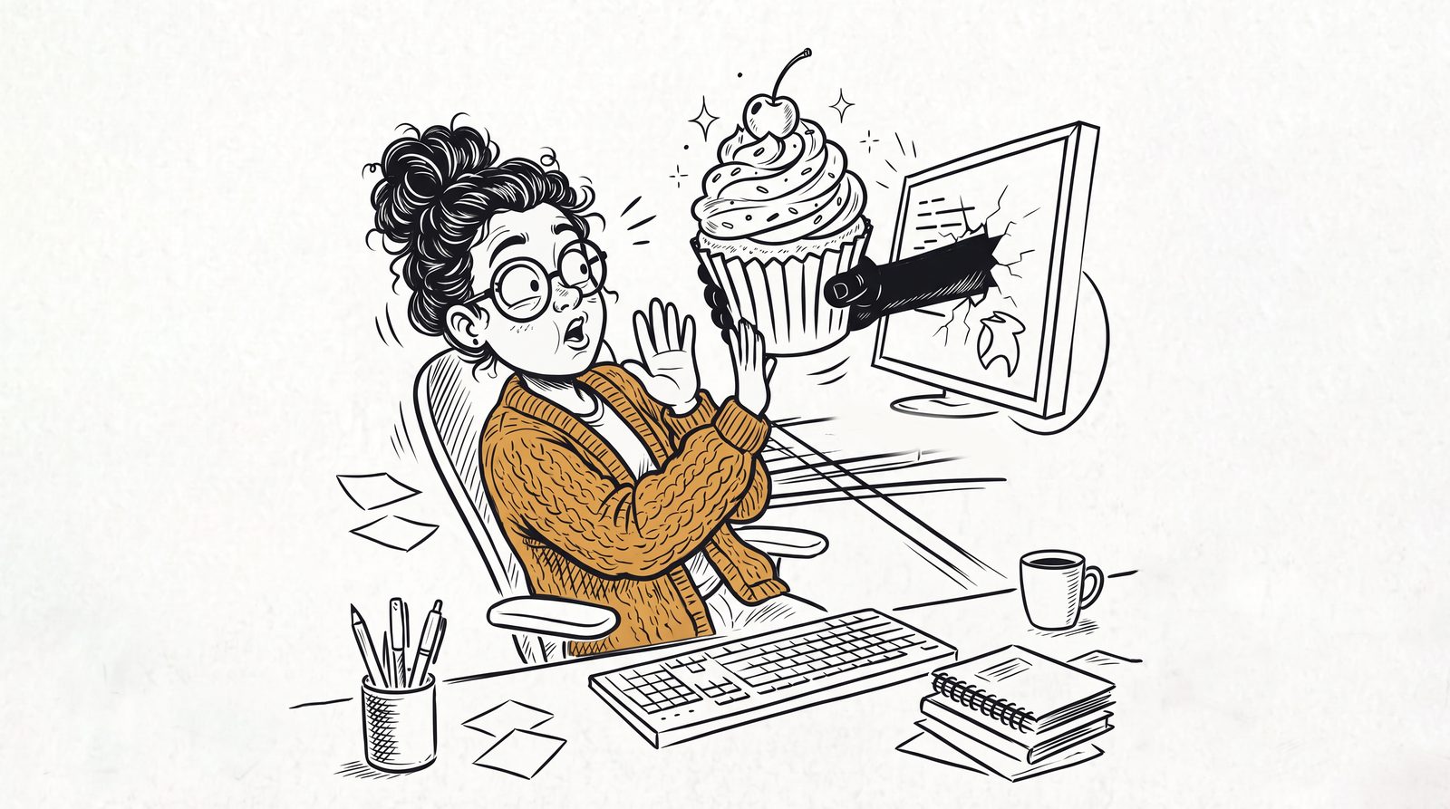 Illustration of an account manager refusing a sugary cupcake offered by a hand reaching out of a computer screen Illustration of an account manager refusing a sugary cupcake offered by a hand reaching out of a computer screen