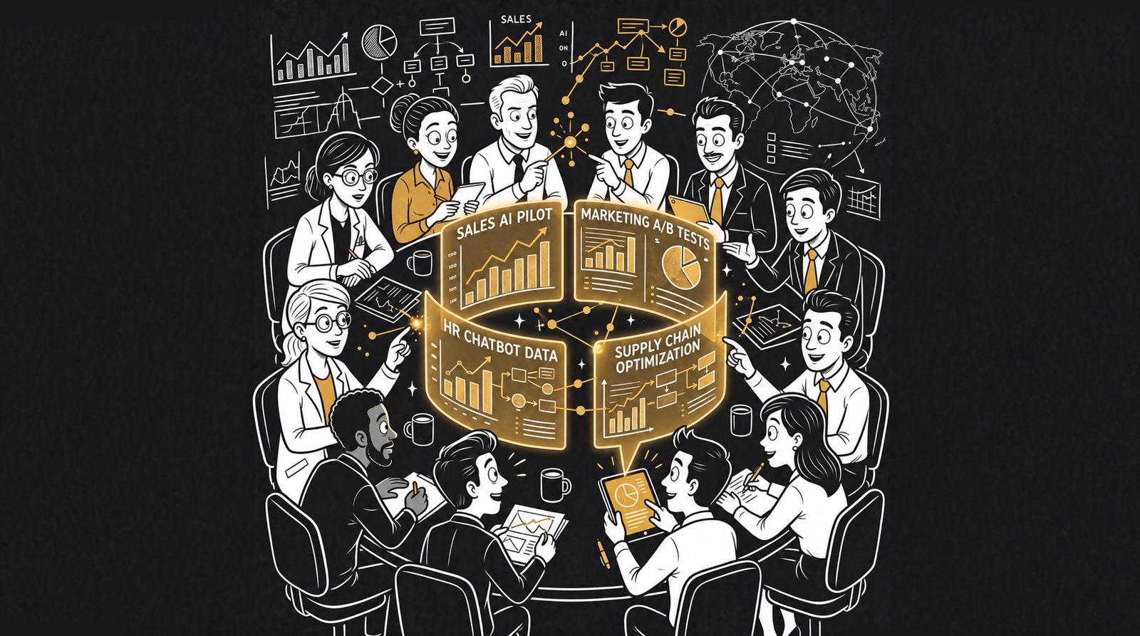 Illustration of a team from every part of the business gathered round a table, sharing glowing AI project results