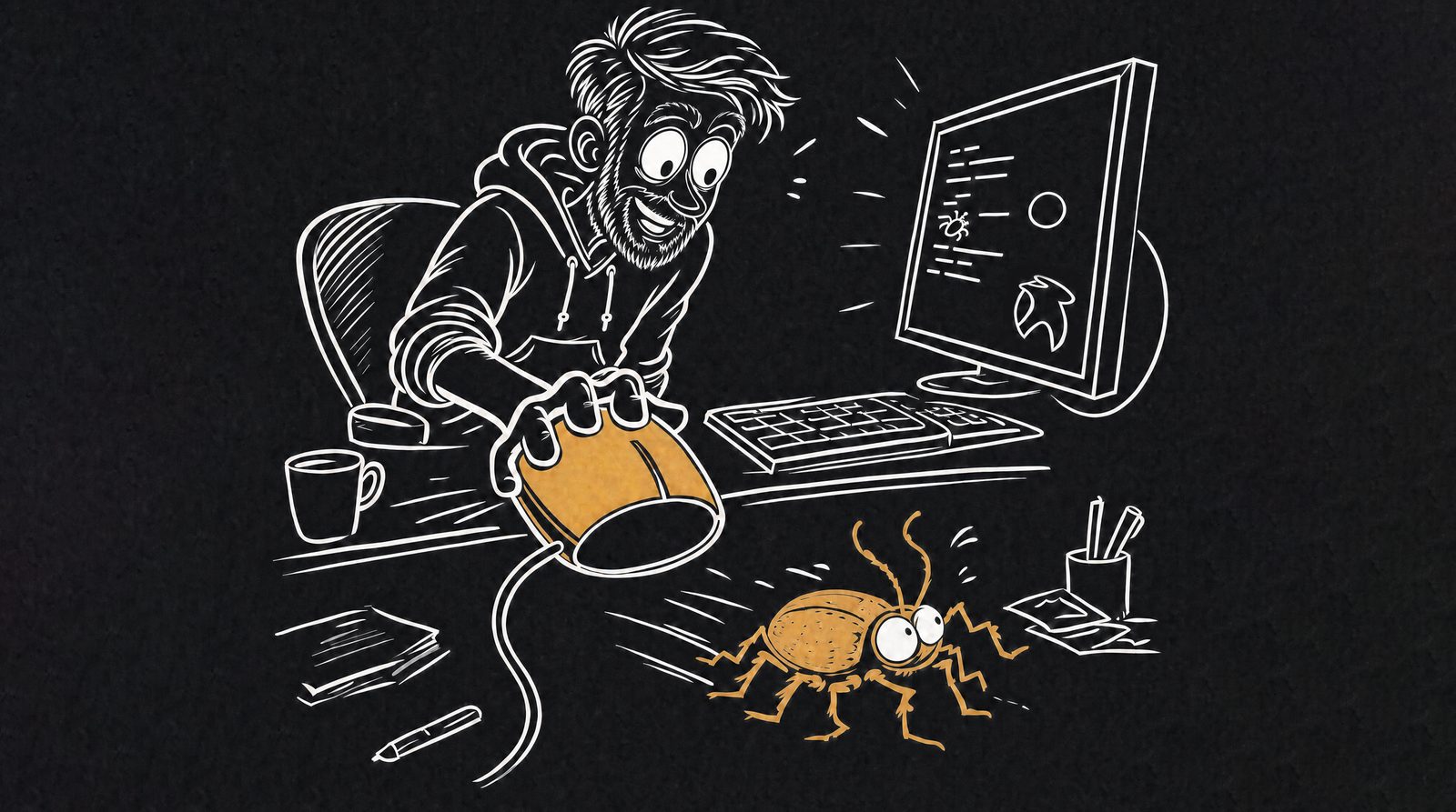 Illustration of a grinning developer about to trap an oversized bug under his computer mouse