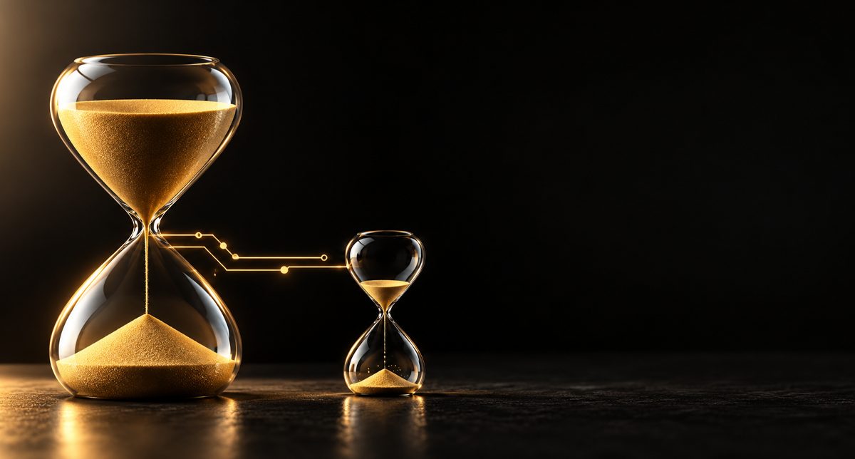 A large hourglass linked by a circuit to a small hourglass, showing weeks of work done in under an hour A large hourglass linked by a circuit to a small hourglass, showing weeks of work done in under an hour