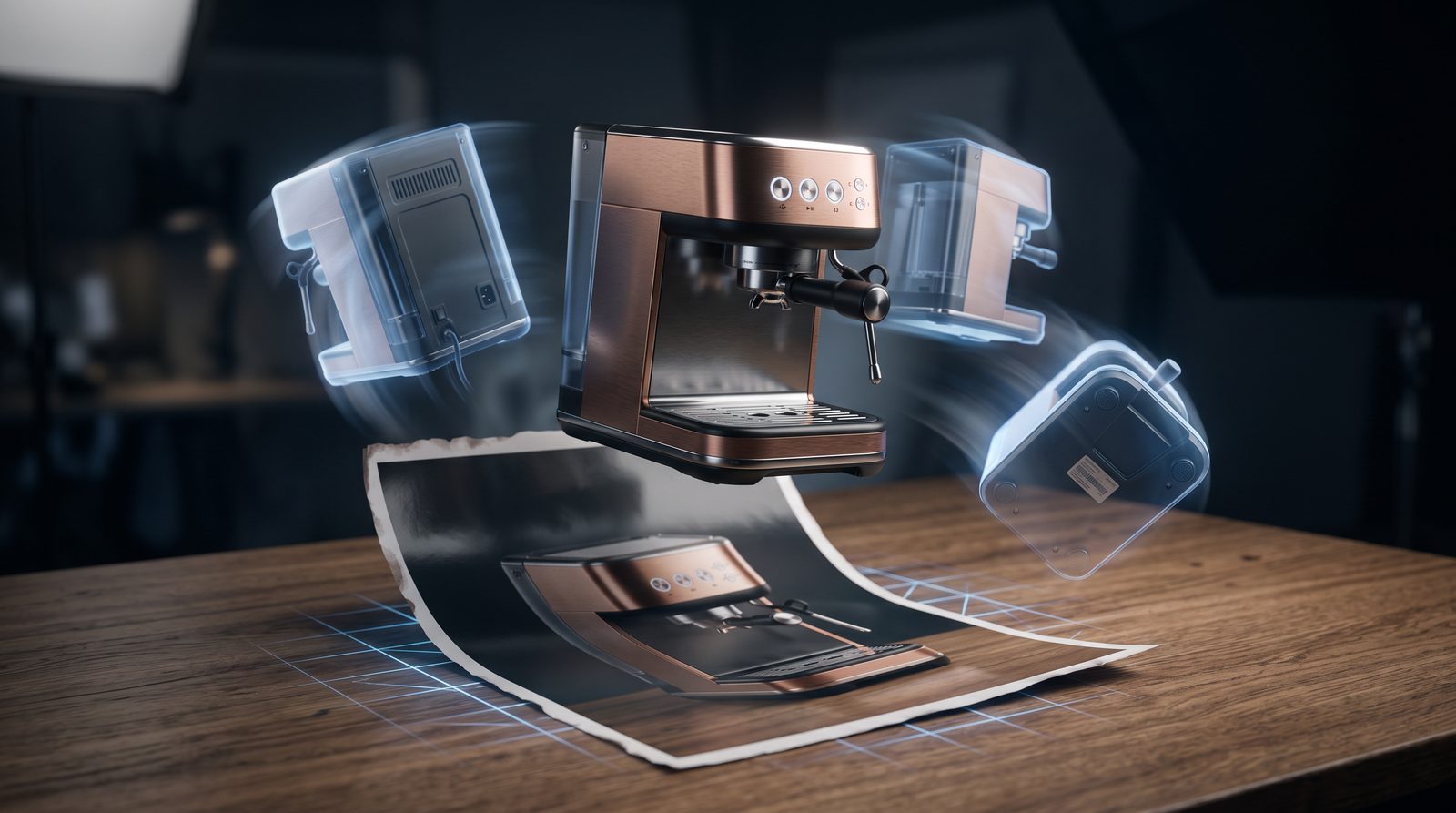 A coffee machine product shot with new AI-generated angles built from a single flat photo A coffee machine product shot with new AI-generated angles built from a single flat photo