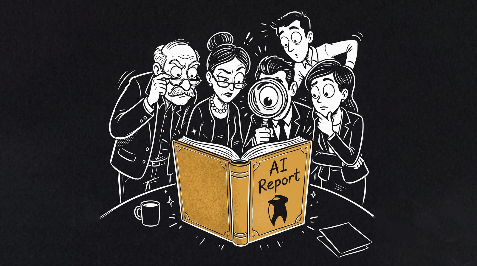Illustration of clients huddled over a large book titled AI Report, one peering through a magnifying glass