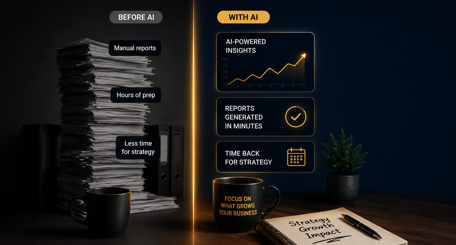 Before AI: manual reports and hours of prep. With AI: reports in minutes and time back for strategy